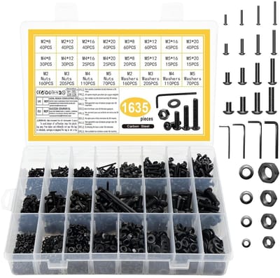 Complete Set van 1635 Stuks Schroeven M2 M3 M4 M5 met Ronde Kop, Moeren en Ringen voor Fietsen en Machines
