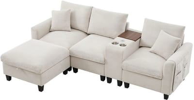 KOMHTOM L-vormige hoekbank met console 2 bekerhouders USB-poorten en kussens van beige corduroy
