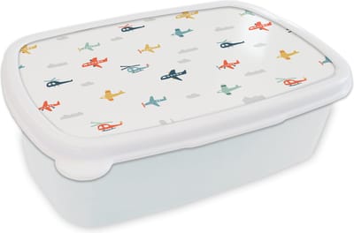 Broodtrommel Wit - Lunchbox - Brooddoos - Patronen - Helicopter - Vliegtuig - Jongens - Kinderen - Kids - 18x12x6 cm - Volwassenen