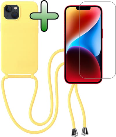 Hoes Geschikt voor iPhone 13 Mini Hoesje Met Koord Met Screenprotector - Telefoonhoesje Geschikt voor iPhone 13 Mini Backcover Met Afneembaar Koord - Geel