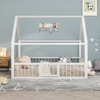 Hemelbed 140 x 200 cm - kinderbed - huisdecoratieve lijnen - met reling - wit - zonder matras