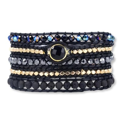 Marama - wikkelarmband Bohèmian Sun Black - 5x om je pols - edelsteen Onyx en Lavasteen - verstelbaar - vegan waxcord - goud - knoopsluiting Tree of Life - cadeau voor haar