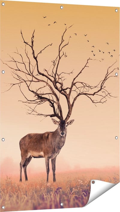 Gards Tuinposter Hert met een Bomen Gewei - 80x120 cm - Tuindoek - Tuindecoratie - Wanddecoratie buiten - Tuinschilderij
