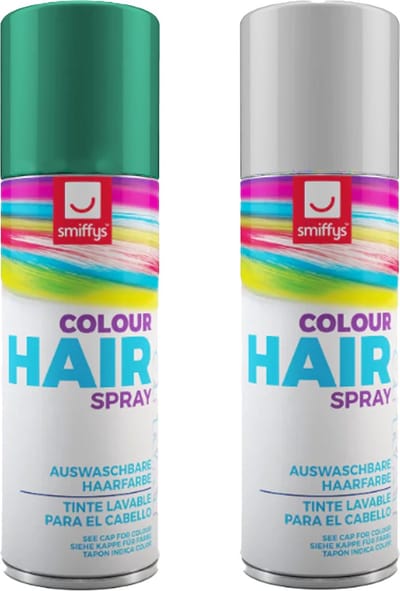 Smiffys Carnaval verkleed hoofdhaar verf/spuitspray - wit en groen - spuitbussen - 125 ml p/st