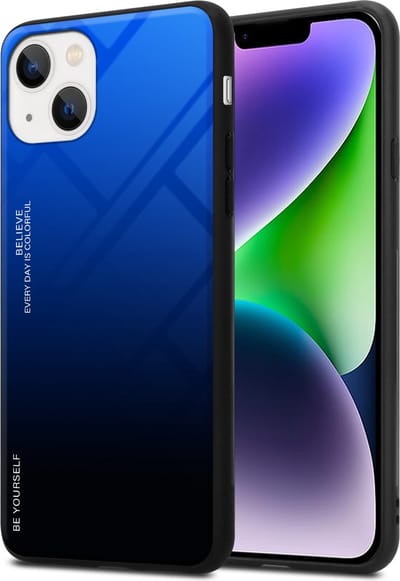 Cadorabo Hoesje geschikt voor Apple iPhone 14 in BLAUW - ZWART - Tweekleurige beschermhoes van TPU-silicone Case Cover en achterzijde van gehard glas