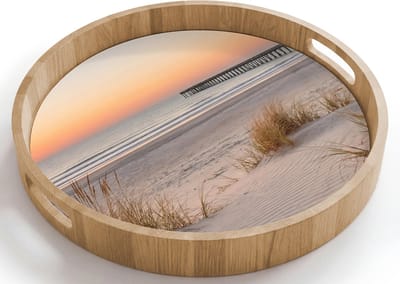 Dienblad rond 40x40 cm - Schootdienblad hout - Pier - Zonsondergang - Strand - Borrelplank rechthoek - Plateau houten dienbladen