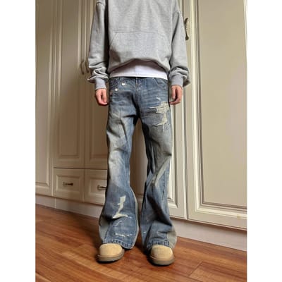 Retro Double Waist Jeans Heren Lente en Herfst Nieuwe Oude Losse Rechte Lange Broek S blauw