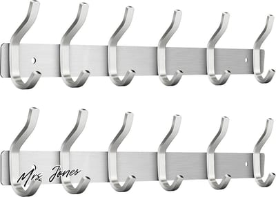 Mrs. Jones Wandkapstok met 6 haken - wandhaken voor handdoeken van roestvrij staal - zilverkleurig - 2 stuks .