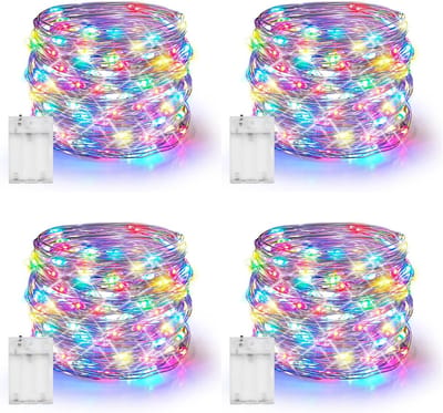 Daity 4-pack - Lichtsnoer - 20 meter totale LED zilverdraad - waterdichte lichtsnoer - kerstversiering - geschikt voor binnen- en buitendecoratie voor tuinfeesten in de slaapkamer - Geen batterijen inbegrepen(Veelkleurig)