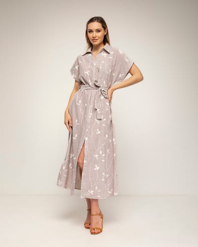 Gestreepte midi-blousejurk met borduursels en een riem