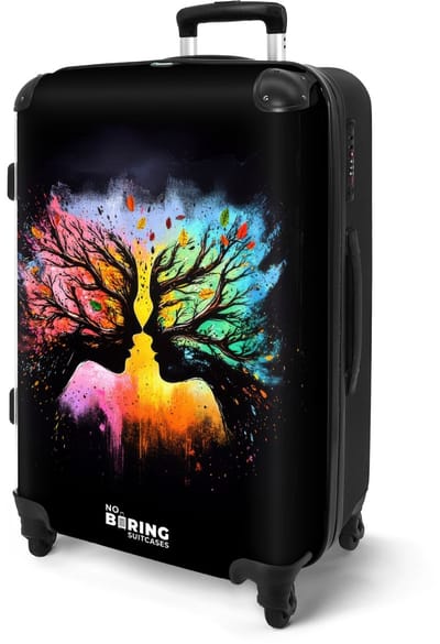 NoBoringSuitcases.com® - Koffer groot - Rolkoffer lichtgewicht - Zwart - Gezichten met kleurrijke takken - Reiskoffer met 4 wielen - Grote reis trolley XL - Luggage suitcase - Hardcase reistrolley medium - 20 kg bagage