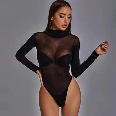 Bodysuits Une Pièce Sexy en Maille Transparente Ouverte à l'Entrejambe Élastiques Pour Femmes Tops Lingerie Pour Femmes Grande Taille Xxxl Printemps Automne S black