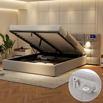 STILVORA Gestoffeerd Bed 180x200cm – USB-Aansluiting & Draadloos Opladen – Lamp – Hydraulische Opbergruimte – Zonder matras – Linnen – Grijs
