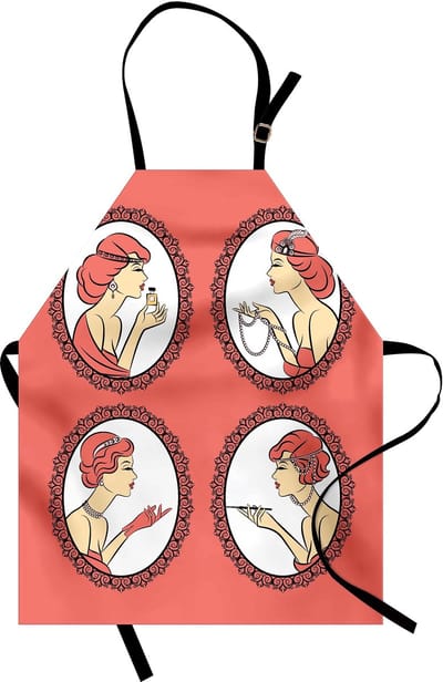 ABAKUHAUS Vintage dames kookschort, modieuze meisjesportretten met make-up, parfum, sieraden en sigaret, kleurvast, in hoogte verstelbaar, wasbaar, heldere digitale print, wit, zwart en koraalrood