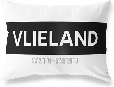 Tuinkussen VLIELAND - FRIESLAND met coördinaten - Buitenkussen - Bootkussen - Weerbestendig - Jouw Plaats - Studio216 - Modern - Zwart-Wit - 50x30cm