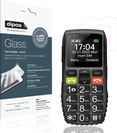 dipos – 2x Pantserfolie geschikt voor FEGA Senioren-Handy 1.77 Zoll | 9H Screenprotector