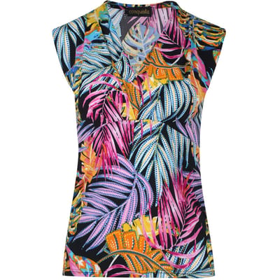 Fuchsia mouwloze imitatie wikkeltop met print van stretchstof