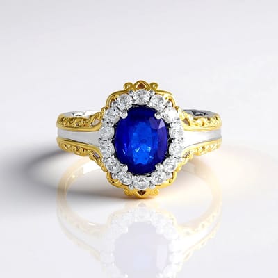 Cavill - Elegante Ring 925 Sterling Zilver met Palladiumlaag - 1,269 ct Kobaltblauwe Spinel Ovaal uit Myanmar - 14 Zirkonia - Tijdloos Design