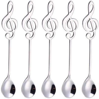 Dailygoods- Koffielepel 5-delig - Muzieknot Design - Roestvrij Staal - Dessertdrank Roerlepel - Geschikt Voor Restaurant/Café - Afmetingen 15,5 x 2,8 cm - Lepelset