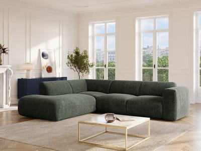 Vente-unique Grote hoekbank links met chaise longue-rugleuning in groene stof - POGNI van Maison Céphy