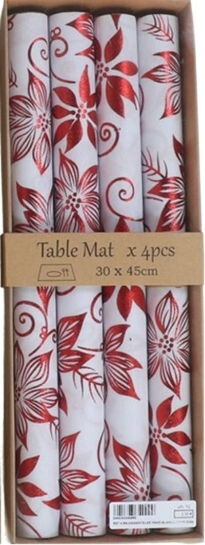 Set van 4 kerst placemats wit met rood bloemendessin – 30 x 45 cm