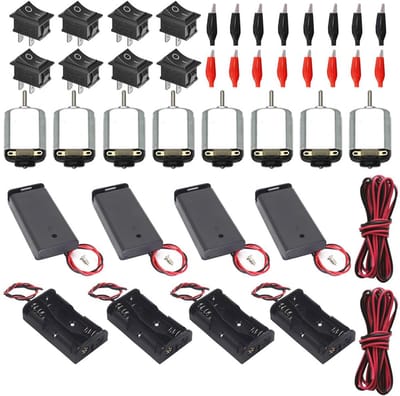 Verpakking van 8 130 Micro DC-motoren 1,5 V-6 V 15000-16500 RPM, 8 AA-batterijhouders, 16 krokodillenklemmen, 2 22AWG-kabels (1 m), 8 mini-bootschakelaars met drukknop voor doe-het-zelvers