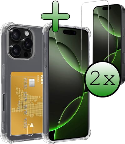 Hoesje Geschikt voor Apple iPhone 16 Pro - Met 2x Screenprotector - Pashouder - Kaarthouder - Telefoon Hoes Shockproof - Siliconen Case - Back Cover - Shock Proof - Pasjes Houder - Transparant