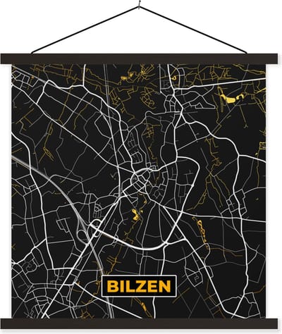 Posterhanger incl. Poster 60x60 cm - Schoolplaat - Stadskaart - Bilzen - Plattegrond - Goud - Kaart - Textielposter - Zwarte latten - Stadskaart