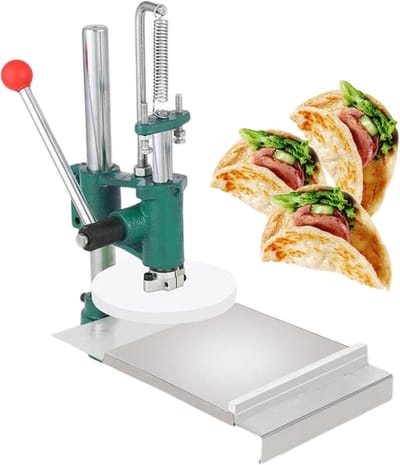 Pizzadeeg-uitvlakmachine, handmatige pizzavormmachine, tortillapers, handmatige pers, automatische terugslag, roestvrij staalmateriaal, voor pizzabodem, tortilla, gebak, 14 cm