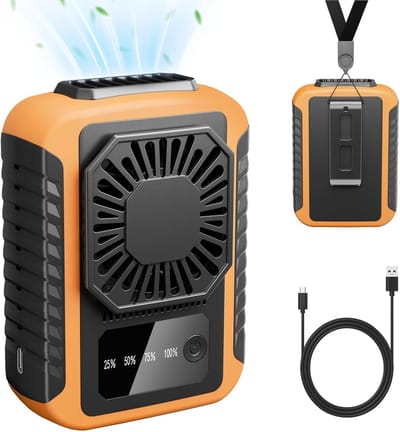 Draagbare Heupventilator, 6000mAh Oplaadbaar, 3 Sterke Koel Snelheden 5600RPM, USB Opladen, Onderhemd Clip Ventilator 20U Werking, Draagbare Halsventilator Voor Wandelen Camping, Oranje