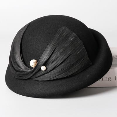 Béret en Soie et Lin Français Chapeau en Feutre de Laine Australienne pour Femmes Accents Perles Chapeau d'Hiver Chic de Designer pour la Société 56-58cm black