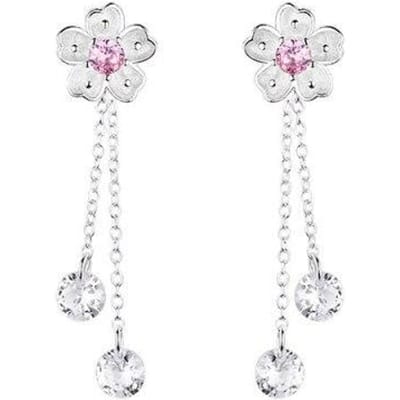 Boucles d'oreilles en argent 925 avec fleur de cerisier en zircone, une paire de boucles d'oreilles en forme de fleur de fée, petit bijou frais à long pompon pour femme argenté