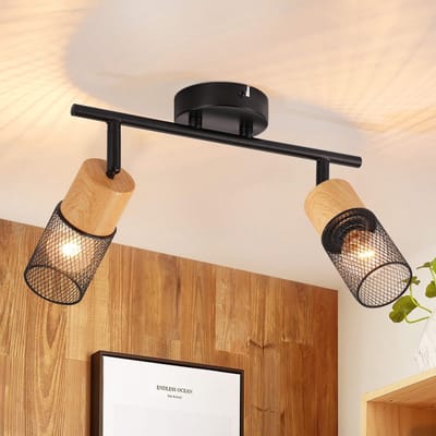 NETTLIFE Opbouwspot E14 - Hout - L 30cm - rechthoekig - 2-Lichts - Vintage Plafondlamp - 350° draaibaar Plafondspot - voor Slaafkamer | Kantoor | Woonkamer - Zonder Lichtborn