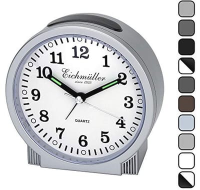 Eichmüller since 1950 Klassieke analoge wekker met licht en lichtgevende wijzers, stil uurwerk met sluipende seconde en stijgende wektoon, kleur zwart
