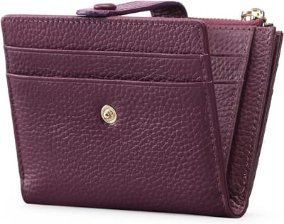 Kleine damesportemonnee met RFID-bescherming, slank bifold ontwerp, leren portemonnee met rits, donkerpaars, minimalistisch en stijlvol