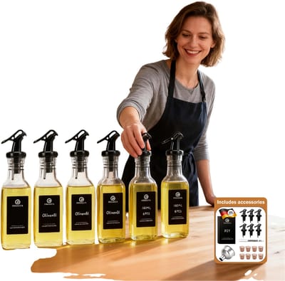 Olijfolie dispenser - 160 ml 6 glazen flessen- Olijfoliedispenser met trechter- azijn- en olieflessen- Voedselgraad glas met etiket-kurken.