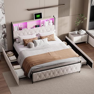 Gestoffeerd Tweepersoonsbed 180x200 cm met Opbergruimte, USB-C Poorten en LED Verlichting