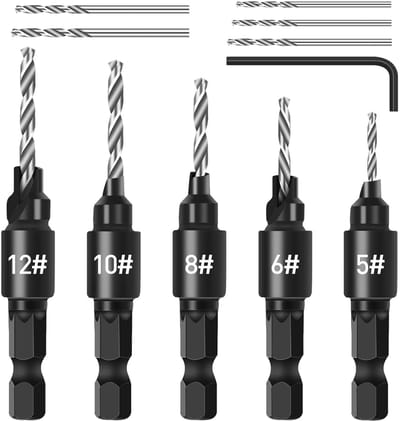 Verzinkboorset, 5 stuks snelle verandering 1/4 "zeskantschacht verstelbare verzinkset, 5 stuks gratis vervangbare boren met één zeskantsleutel, houtbewerkingsverzinkboorbits