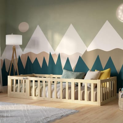 Montessori Kinderbed 190x140 cm met Valbescherming en Openklapbare Barrière - Natuurlijk Hout, Ideaal voor Jongens en Meisjes