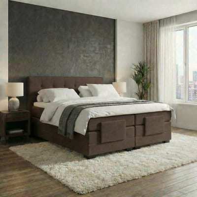 Anno 1588 Elektrische Boxspring LUXA - Pocketvering - Luxe Topper - Notenbruin - 90x200 cm - Inclusief Montage + Dekbed en Kussens