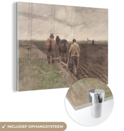 ® Glasschilderij 160x120 cm - Schilderij acrylglas - Ploegende boer - Schilderij van Anton Mauve - Foto op glas - Muurdecoratie woonkamer - Wanddecoratie slaapkamer - Schilderijen