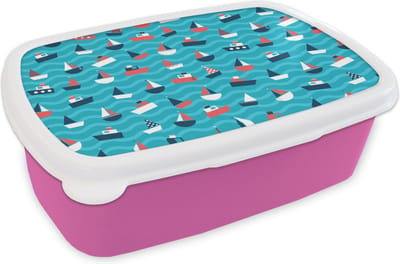 Broodtrommel Roze - Lunchbox - Brooddoos - Boten - Zee - Patroon - 18x12x6 cm - Kinderen - Meisje