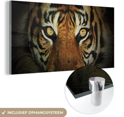 MuchoWow® Glasschilderij 40x20 cm - Schilderij acrylglas - Tijger - Licht - Ogen - Foto op glas - Schilderijen