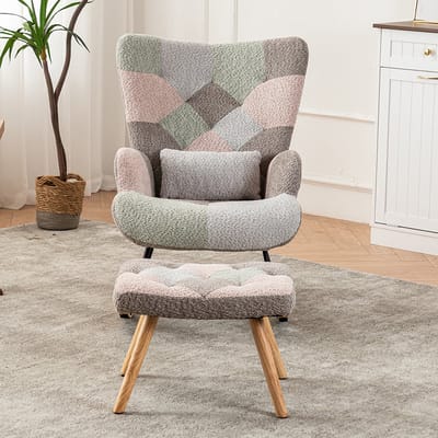 KOMHTOM Fauteuil schommelstoel kleurrijk zitting voetensteun en lendenkussen inbegrepen robuuste rubberwood