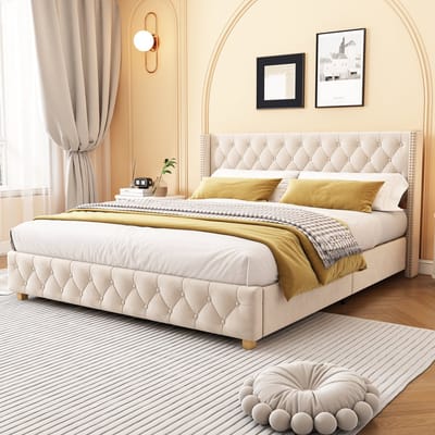 MEUNIQ gestoffeerd bed 160x200 cm met lattenbodem, hoofdbord en voetbord met knoopstikking, nageldetails, houten poten, tweepersoons bed voor slaapkamer, beige
