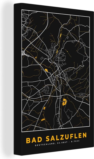 Canvas Schilderij Duitsland – Black and Gold – Bad Salzuflen – Stadskaart – Kaart – Plattegrond - 20x30 cm - Wanddecoratie