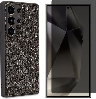 Casemania Hoesje & Privacy Glas Geschikt voor Samsung Galaxy S25 Ultra - Zilver - Diamant Glitter Back Cover & Glazen Screenprotector