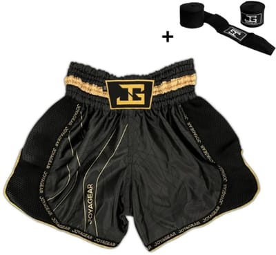 Joyagear ESSENTIAL Kickboksbroek – Maat L – Zwart/Goud – Kickboksen & Muay Thai – Handgemaakt – Inclusief Bandage