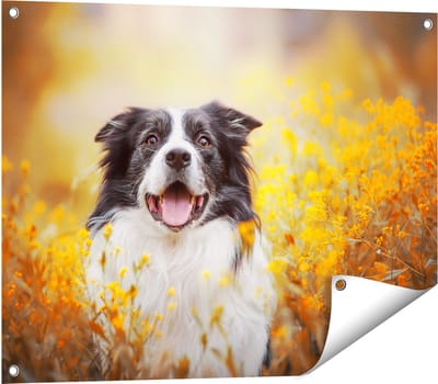 Gards Tuinposter Blije Hond tussen de Bloemen - 80x60 cm - Tuindoek - Tuindecoratie - Wanddecoratie buiten - Tuinschilderij
