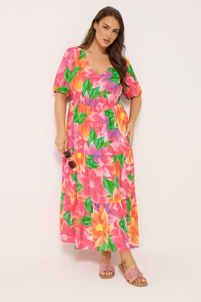 Yours Roze Maxijurk Met Bloemenprint, Pofmouwen En Lagen Size 42